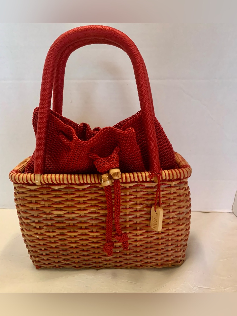 The Sak Red Woven Basket Tote with Knit Drawstring Liner